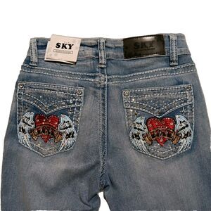 Sky Premium Collection Jeans Sz 7/8 Stone Embellished Bootcut Angel Wings Heart